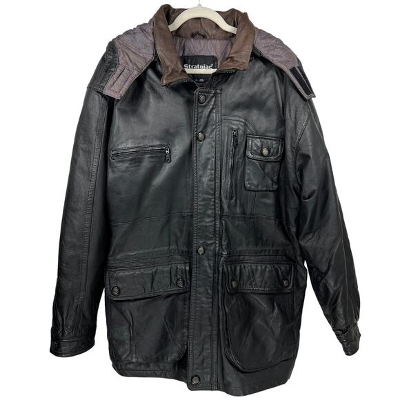 Stratojac Leather Parka Jacket Coat Men's Large Black Brown Hooded Heavy VT - Picture 1 of 16